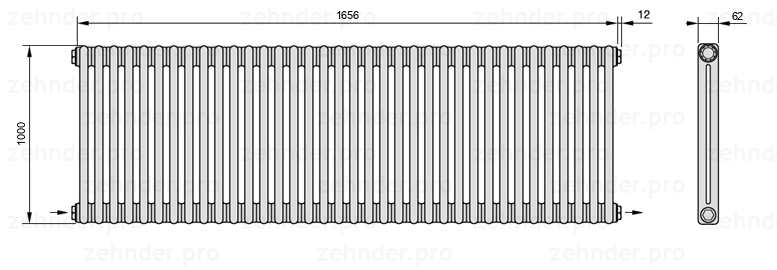 Схема (чертеж) Радиатор Zehnder Charleston 2100/36 №2670 Белый глянцевый RAL 9016